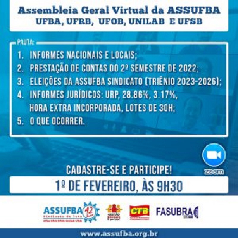 ASSUFBA realiza hoje Assembleia Geral Virtual com os(as) servidores(as) da UFBA, UFRB, UFOB, UNILAB e UFSB