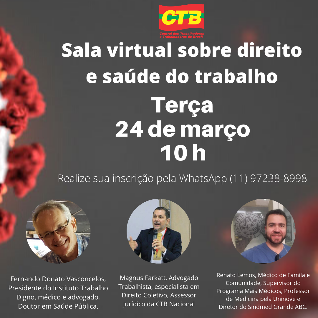 CTB realiza sala virtual sobre direito e saúde do trabalho dia 24 às 10 horas