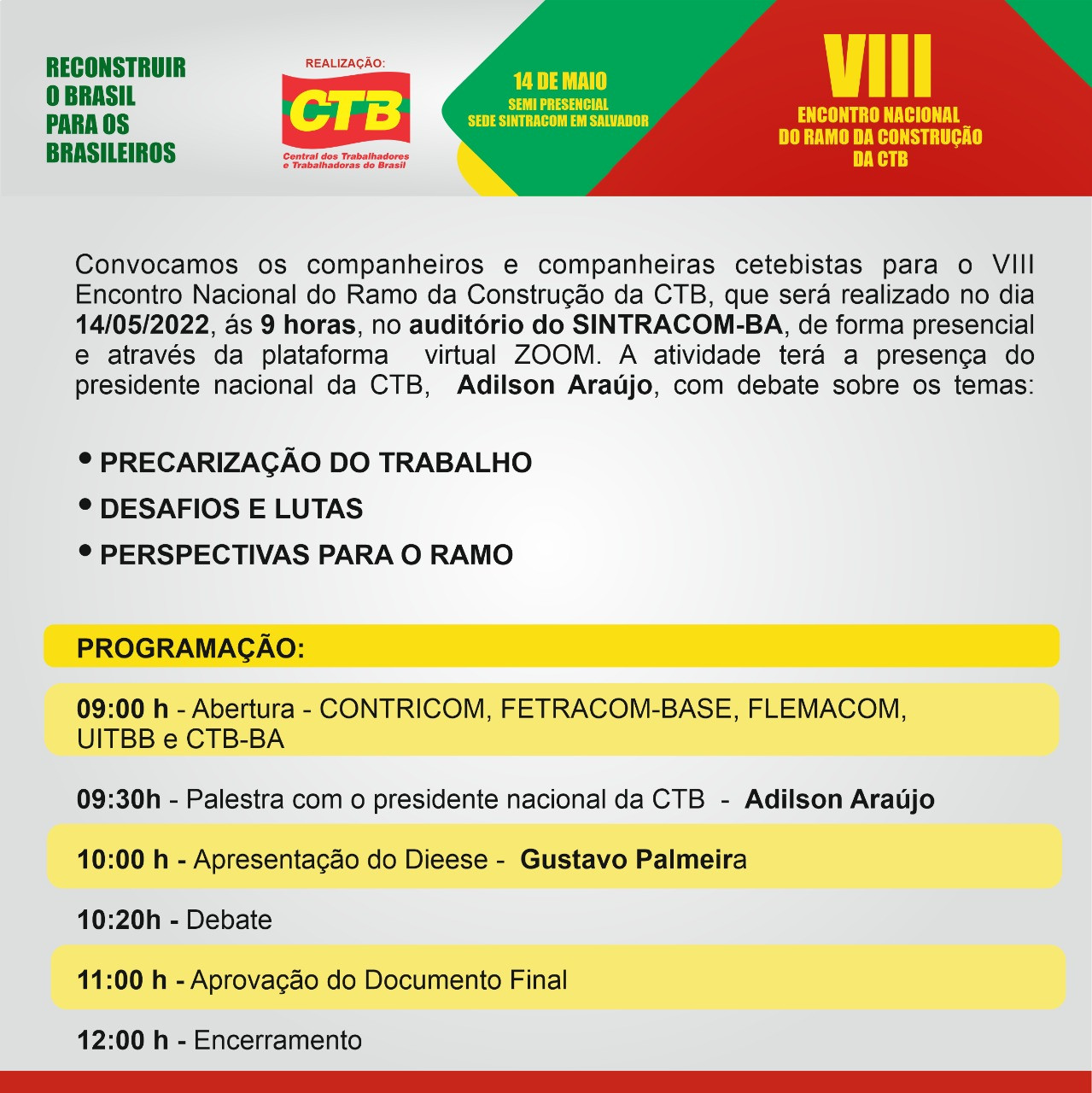 VIII Encontro do ramo da construção da CTB, será neste sábado, 14/05